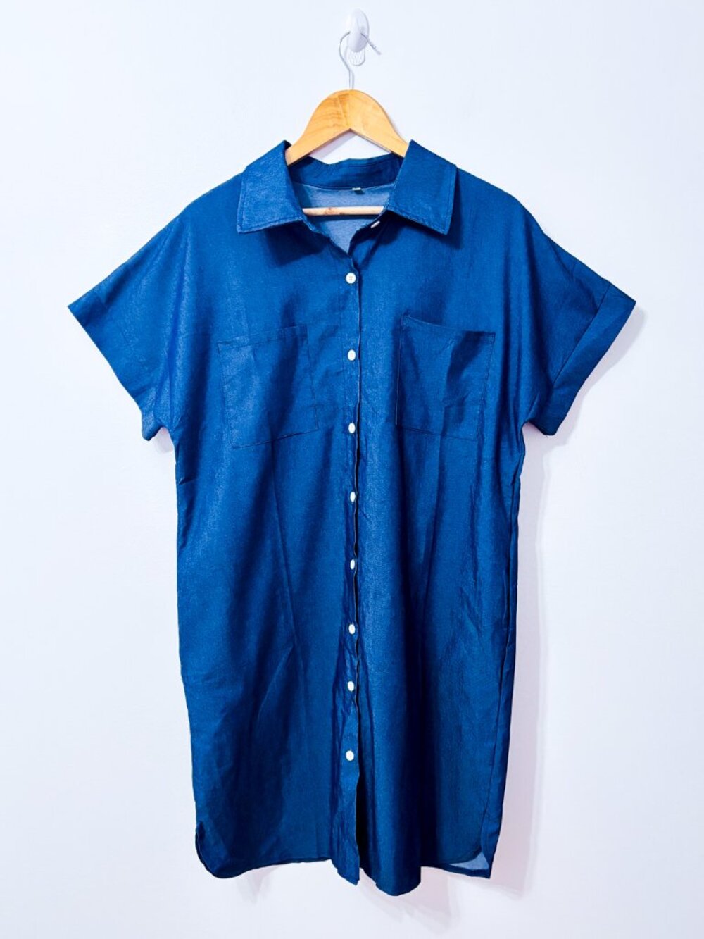 Blue Chambray Look Button Front Shirt Dress Chest Pockets X-Large